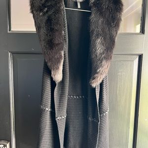 WHBM Long Black Vest with Fake Fur Trim